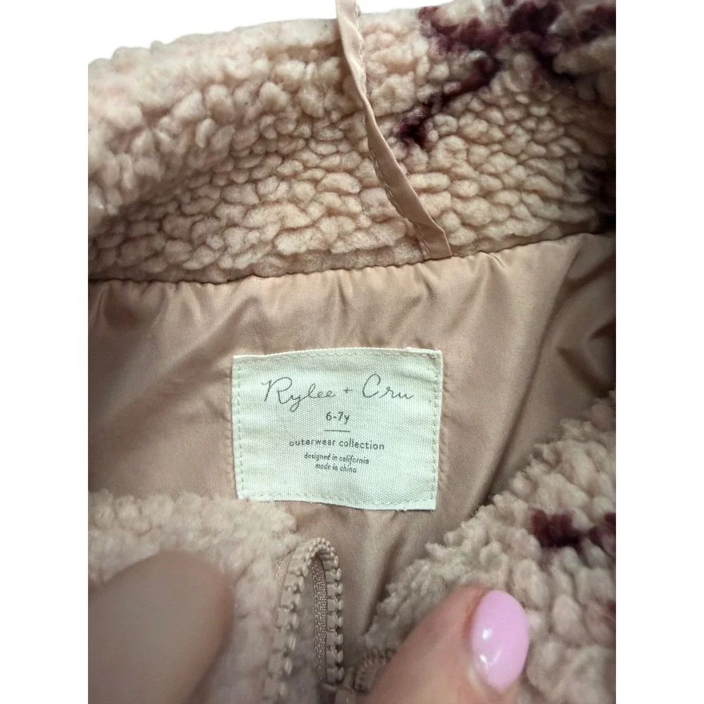 Rylee + Cru Girls Sherpa Fleece Jacket Bow Print Cream Burgundy Size 6-7Y Zip Up